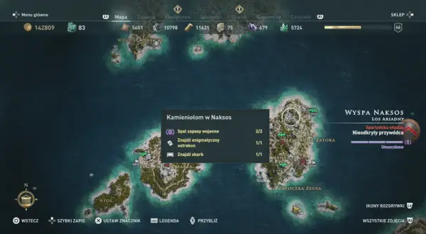 Mapa z Assassin's Creed Odyssey: Naksos, z zaznaczonymi celami misji "Kamieniołom w Naksos".