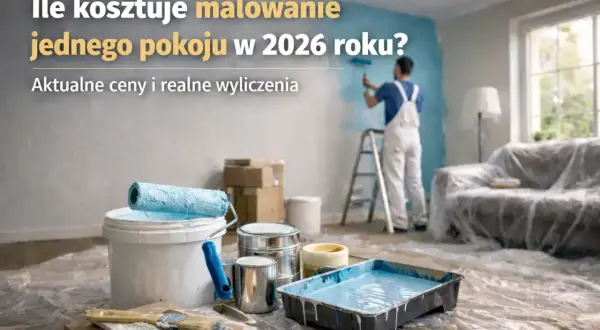 Malarz maluje ścianę na niebiesko, widać wiaderka z farbą, wałek i pędzle.