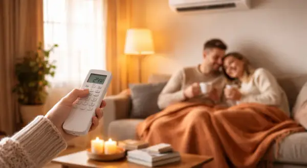 Main tenant ajuste la télécommande clim Toshiba en mode chauffage pour un confort optimal.