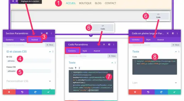 Interface de configuration d'un menu sticky. On voit les options avancées, le code CSS et JavaScript pour rendre le menu fixe.