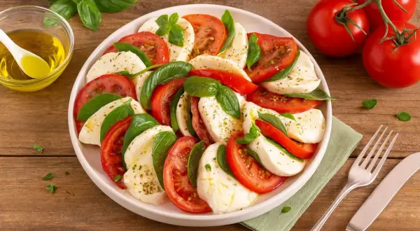 Caprese-Salat mit Tomaten, Mozzarella und Basilikum auf einem Teller, daneben Olivenöl und Tomaten.