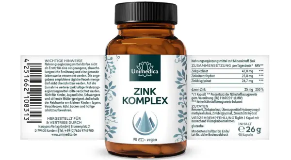 Zink Komplex Kapseln von Unimedica. Die Zinkpicolinat, Zinkcitrat und Zinkbisglycinat Wirkung wird hier hervorgehoben. 90 vegane Kapseln.