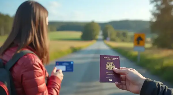 Droga do Szwecji. Czy do Szwecji potrzebny jest paszport? Kobieta z plecakiem trzyma kartę, mężczyzna paszport.