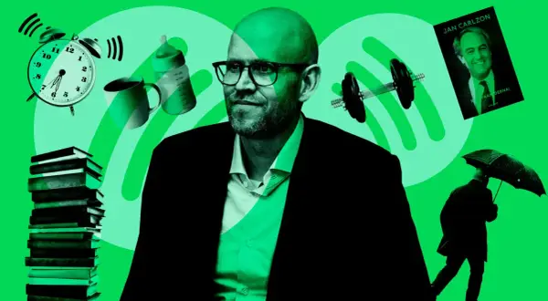 Daniel Ek, omgiven av symboler för tid, kunskap, familj och träning, med en bok av Jan Carlzon och en man med paraply i bakgrunden.