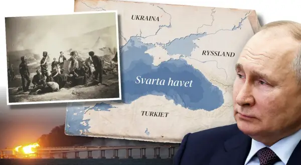 Putin blickar mot kartan över Svarta havet, med historiska bilder av soldater och en bro i brand.