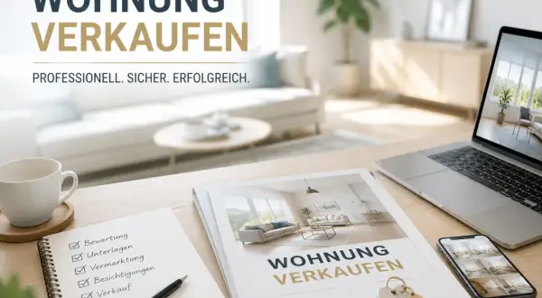 Eine professionelle Wohnung Beschreibung Beispiel: Checkliste für Bewertung, Unterlagen, Vermarktung, Besichtigungen und Verkauf. Schlüssel und Laptop liegen bereit.