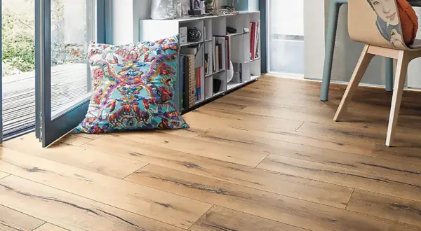 Un suelo laminado de madera clara con un cojín colorido y una estantería llena de libros.