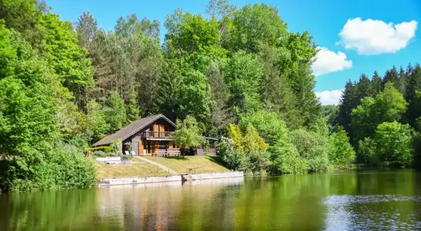 Charmant chalet en bois au bord d'un étang de pêche privé en Alsace, entouré de verdure luxuriante.