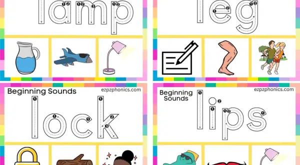 Ficha para practicar la **ficha letra l** con palabras como lamp, leg, lock y lips. Incluye imágenes de apoyo.