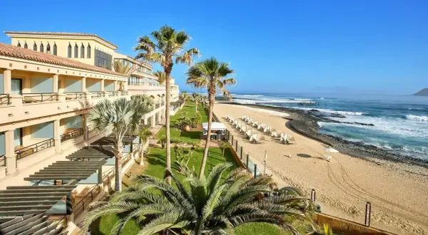 Hotel z widokiem na plażę i ocean. Palmy, leżaki i spokojne morze. Idealne miejsce na Fuerteventurze, gdzie najmniej wieje.