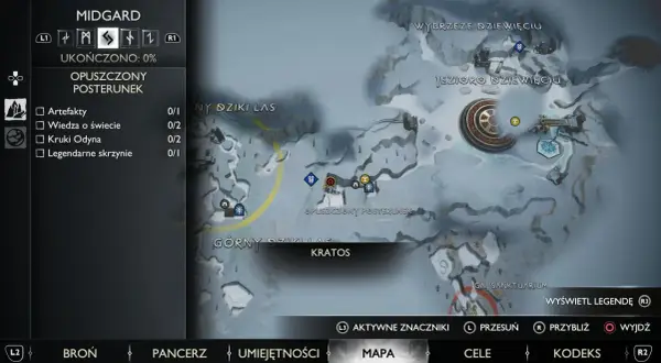Mapa z gry God of War Ragnarok. Widok na obszar Jezioro Dziewięciu w Midgardzie, z zaznaczonymi punktami i zadaniami.