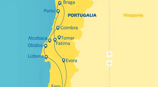 Mapa Portugalii z zaznaczonymi miastami: Porto, Braga, Coimbra, Tomar, Fatima, Lizbona, Obidos, Alcobaca, Evora, Faro.
