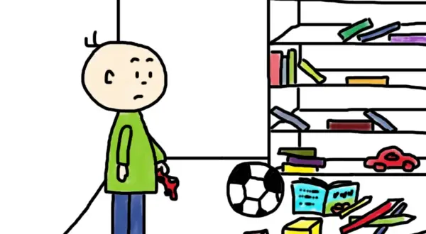 Ein Junge steht vor einem Bücherregal voller Spielzeug. Er hält einen roten Schlüssel in der Hand, der ihm helfen soll, Ordnung im Kinderzimmer zu schaffen.
