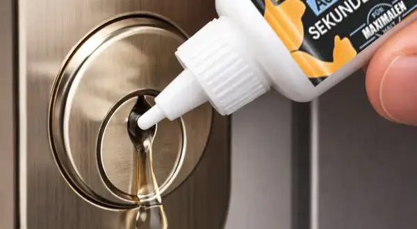 Une goutte de liquide s'écoule d'un flacon sur une serrure. Une astuce pour comment enlever de la colle dans une serrure.