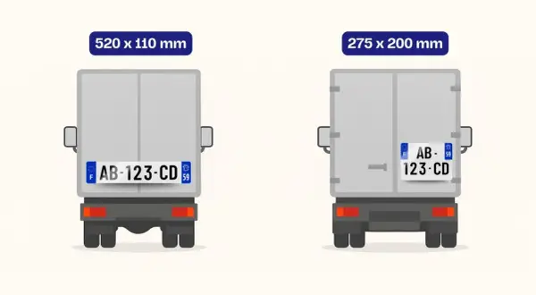 Deux camions décorés avec des plaques d'immatriculation françaises de tailles différentes.