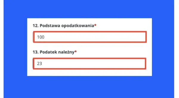 Formularz VAT-9M: podstawa opodatkowania 100, podatek należny 23.