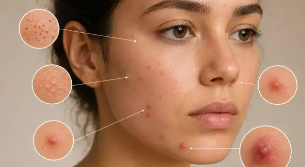 Gros plans sur différents types d'imperfections cutanées, montrant comment enlever les boutons et retrouver une peau nette.