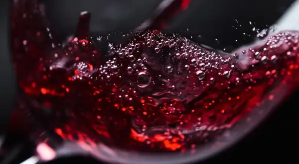 Czerwone wino bez cukru, z bąbelkami unoszącymi się na powierzchni, nalewane do kieliszka.
