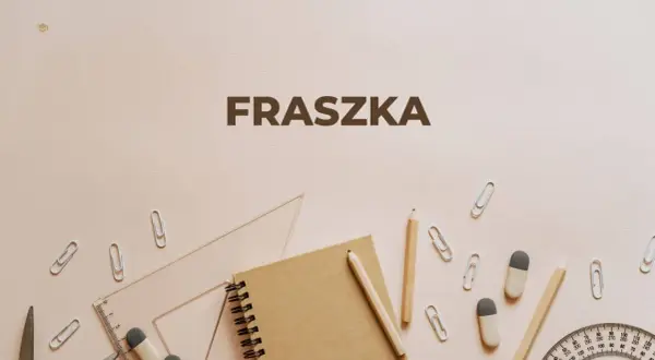 Przykładowe fraszki na tle przyborów szkolnych: zeszyt, ołówki, linijka, spinacze.