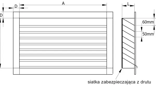 Schematyczny rysunek kratki z wymiarami. Odległość między liniami kratki wynosi 50mm, a grubość drutu D.