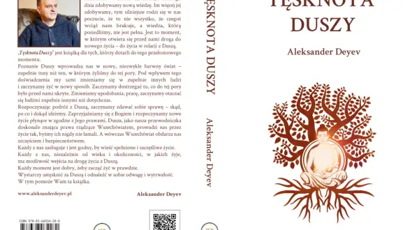Mężczyzna w swetrze siedzi na krześle, obok tytuł książki "Tęsknota Duszy". Czy dusza tęskni za nowym życiem?