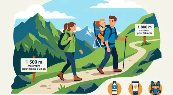 Un couple fait une randonnée avec bébé dans un porte-bébé, profitant des montagnes. Conseils pour la randonnée avec bébé.
