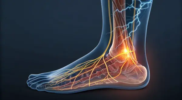 Rappresentazione anatomica dei nervi del piede, con scariche elettriche che indicano dolore o stimolazione.