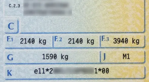 Dokument pojazdu: F.1 2140 kg, F.2 2140 kg, F.3 3940 kg. To pokazuje dodatkową masę w samochodzie.