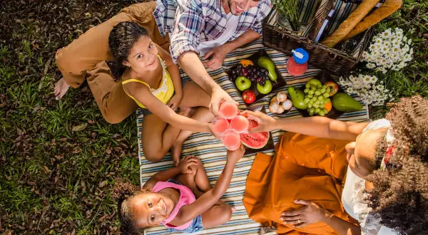 Familia disfrutando un picnic con frutas y bebidas. ¡Excelentes ideas picnic niños para un día soleado!