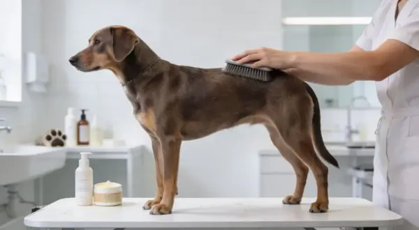 Un perro de raza mediana de pelo corto recibe un cepillado en un entorno de aseo.
