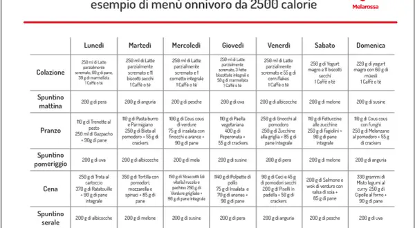 Dieta per ingrassare: esempio di menù settimanale da 2500 calorie. Un piano alimentare per aumentare di peso in modo sano, con pasti bilanciati e gustosi.