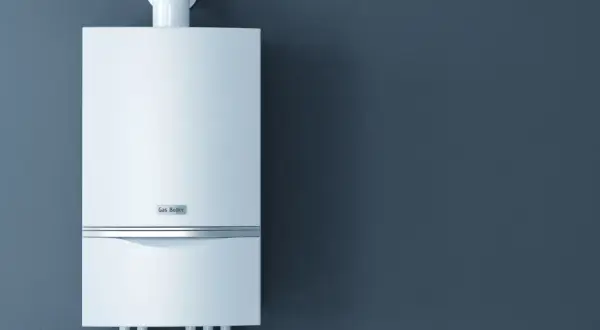 Nowoczesny, biały piec gazowy wiszący na ciemnoszarej ścianie. Idealny do domu 150m2.