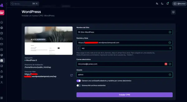 Configuración para como crear un blog en WordPress. Se ingresa el nombre del sitio, dominio, correo y usuario para instalar el CMS.
