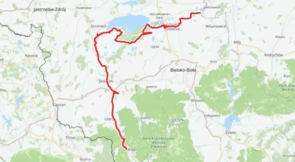 Trasa rowerowa wzdłuż Wisły, widoczna na mapie jako czerwona linia, prowadzi przez malownicze tereny od Jastrzębia-Zdroju, przez Jezioro Goczałkowickie, aż po okolice Bielska-Białej.