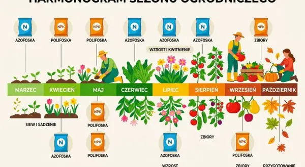 Harmonogram sezonu ogrodniczego: od marca do października, z zastosowaniem nawozów Azofoska i Polifoska, od siewu po zbiory.