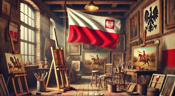 Pracownia artysty pełna obrazów z okresu 20 lecia międzywojennego, z polską flagą dumnie powiewającą.