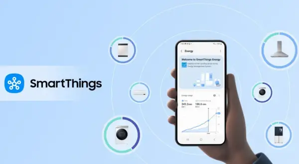 Un smartphone affiche l'application SmartThings Energy, montrant la consommation d'énergie. Un avis sur SmartThings qui met en avant la gestion de l'énergie domestique.