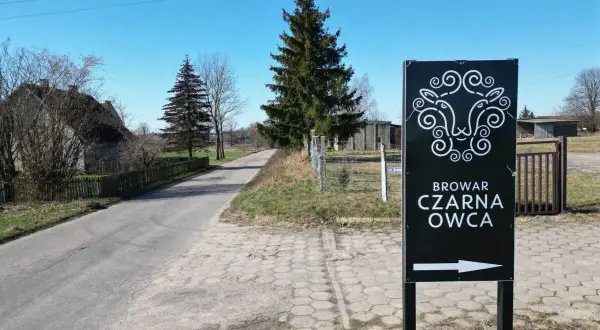 Znak kierunkowy do Browaru Czarna Owca. Stylizowana głowa owcy i strzałka wskazują drogę do tego miejsca.