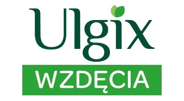 Ulgix Wzdęcia Max – ulga dla brzucha. Zielone liście symbolizują naturalne składniki.