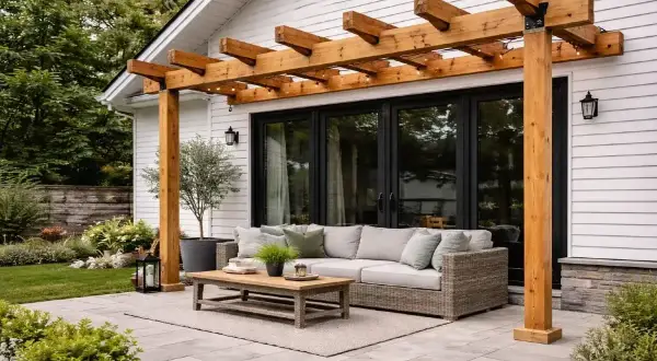 En nybyggd träpergola ger skugga och mysbelysning till en befintlig altan med soffgrupp och soffbord.