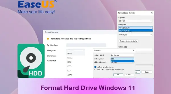 Jak sformatować dysk w Windows 11? Wybierz system plików NTFS, aby przygotować partycję do użycia.