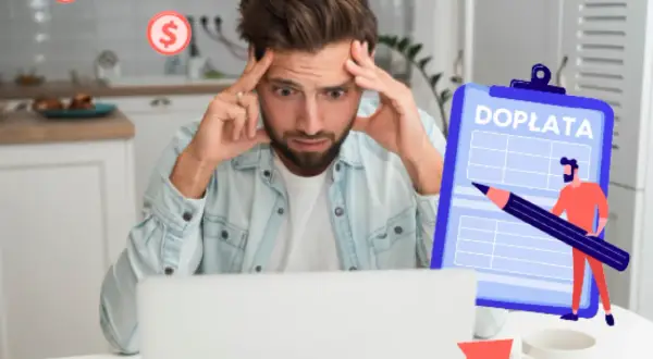 Zmartwiony mężczyzna przy laptopie, symbolizujący problemy z pkd wynajem nieruchomości i rosnące koszty.
