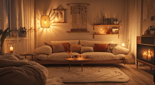Gemütliches Wohnzimmer mit warmem Licht, Kissen und Kerzen – ein Beispiel für aktuelle **interior trends**.