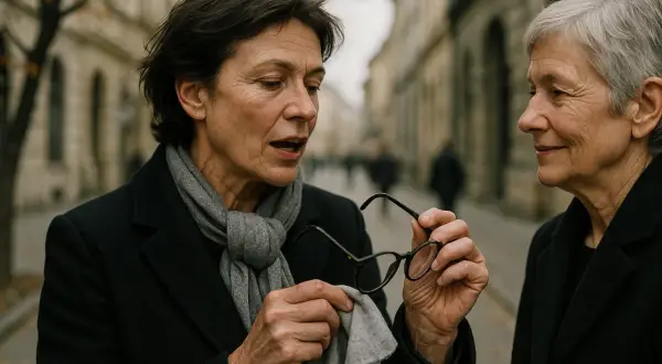 Dwie kobiety rozmawiają na ulicy. Jedna z nich, z ciemnymi włosami, czyści okulary. Idealne okulary po 50. dla każdej z nich.