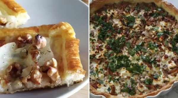 Dwa ciasta do tarty wytrawnej: jedno z serem i orzechami, drugie z serem feta i grzybami, posypane natką pietruszki.
