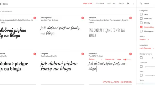 Strona Google Fonts prezentuje różne fonty, w tym "Pacifico" i "Dancing Script", z przykładem tekstu "jak dobrać piękne fonty na bloga".