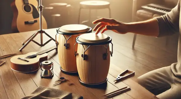 Dłoń dotyka bongosów, obok gitara i pałeczki. Muzyczna sesja w toku.