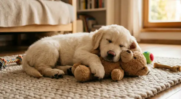 Uroczy szczeniak rasy golden retriever śpi wtulony w pluszowego misia. Widać, ile śpi szczeniak, bo jest bardzo zmęczony po zabawie.