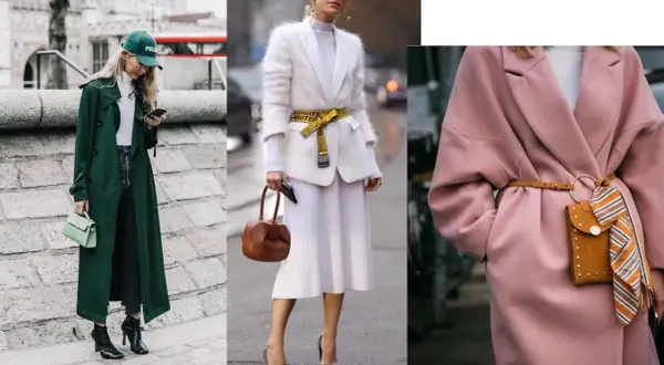 Trzy kobiety prezentują różne style ubioru: elegancki płaszcz w kolorze butelkowej zieleni, biały zestaw z futrzaną marynarką i żółtym paskiem, oraz różowy płaszcz z ozdobnym paskiem i torebką.