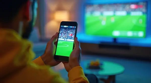Mężczyzna trzyma telefon, na którym widać boisko piłkarskie. Obok niego włączony telewizor wyświetla ten sam mecz. To pokazuje, jak połączyć telefon z telewizorem, by oglądać sport na dużym ekranie.